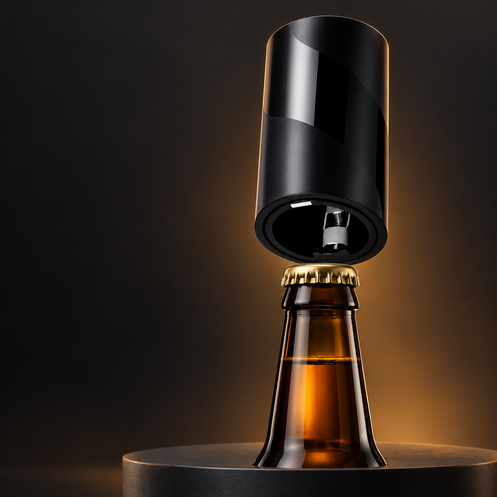 OpenEase automatic opener above a crown-cap bottle