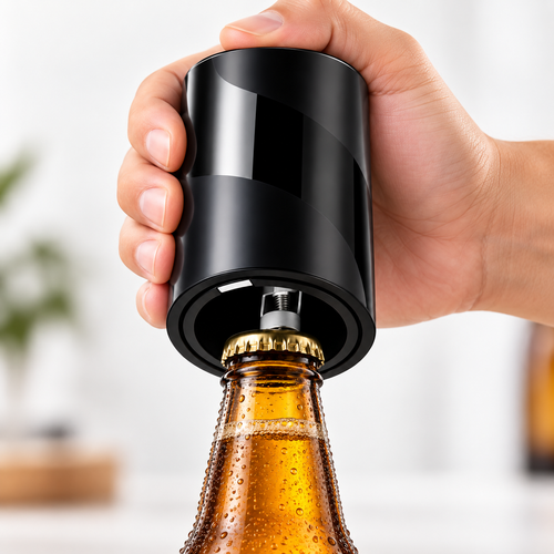 OpenVessa automatic bottle opener being pressed onto a crown-cap bottle